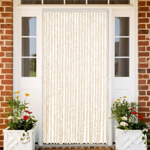 Nqyjm Rideau anti-mouches beige et blanc - 100 x 220 cm - Chenille - Pour balcon, porte de terrasse