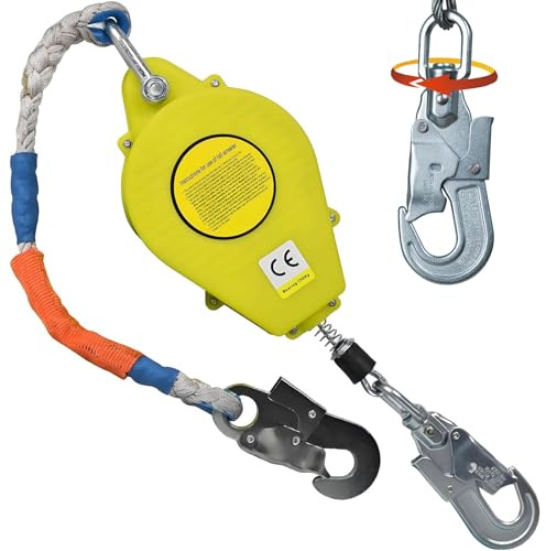IELSH Höhensicherungsgerät Absturzsicherung 10m/15m/20m, Absturzsicherung Dachdecker mit Selbstsicherndem Haken, 150KG Tragbar Fallschutz Auffanggerät für Arbeiten in der Höhe (Gelb, 10m)