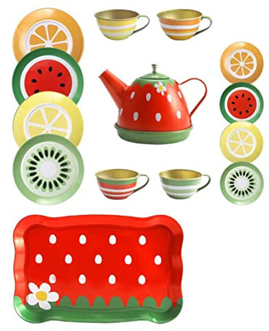 Joygoodta Kids' Tea Party Set, 15-Piece Toy Playset with Teapot, Pretend Play Kitchen Party Toys, Playset for Children Aged 3+ (Red)