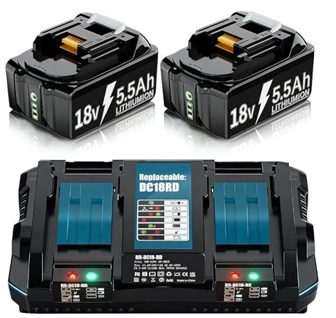 2 x 5.5Ah LXT Battery Replacement for Makita 18V Batteries + DC18RD Dual Port Charger Compatible with Makita BL1850 BL1830 BL1840 & 18V LXT devices such as drills, chainsaws for professional use