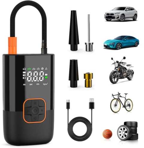 SFGSUP Kabellose Elektrische Luftpumpe, Tragbare Elektrische Reifenpumpe | mit Alle Ventile, Digitalem Manometer (150 PSI), LED-Leuchte, Wiederaufladbare, Fahrradpumpe für Auto/Fahrrad/Motorrad/Ball