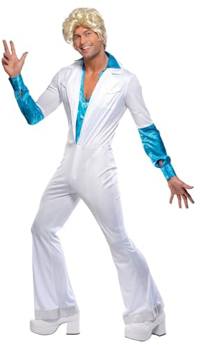 Smiffys Disco Man Costume, All in One, White Jumpsuit with Attached Shirt, 1970s Style, 1970's Disco Fancy Dress, Adult Dress Up Costumes