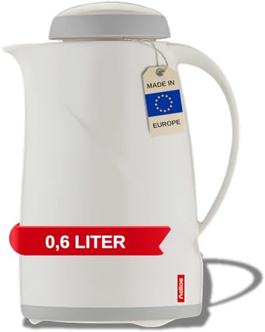 Helios Wave Thermoskanne Weiß 0,6L - 6h Heiß - Hält Getränke heiß & kalt Spülmaschinenfest – Leichter, robuster Kunststoffmantel – Ideal für Kaffee & Tee