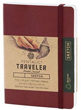 Pentalic Traveler Pocket Tagebuch Zeichenbuch, burgunderfarben, 6 x 4