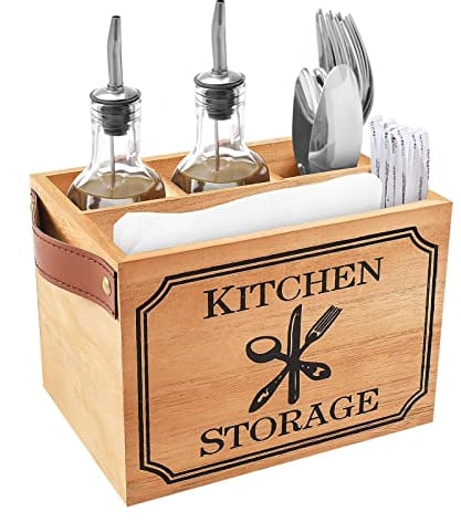 BALLSHOP Besteckbehälter mit 4 Besteckfächern Besteckkasten Holz für Besteck Papierhandtücher Besteckkorb Tisch für KüChe Wohnzimmer Esszimmer 12,5 x 17 x 12,5 cm