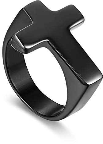 Flongo Christliche Kreuz Herren Ring: Schwarz Edelstahl Ring Schutz Amulett Männer religiöse Schmuck Band Ring Ton mit Kreuz Design Hochzeit Bandring Siegelring Daumenring Ringgröße 60