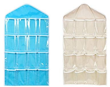 Mein HERZ 2pcs Over Door Hanging Bag,【16 Pockets】 Storage Organiser, Pockets Clear Over Door Hanging Bag Shoe Rack Hanger Underwear Bra Socks Closet Storage Organizer (Grey/Blue)