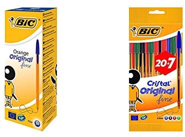 BIC Orange Original Fine bolígrafos punta fina (0,8 mm) Azul, Caja de 20 unidades + Cristal Original Fine bolígrafos punta fina (0,8 mm) colores Surtidos, Caja de 20+7 unidades