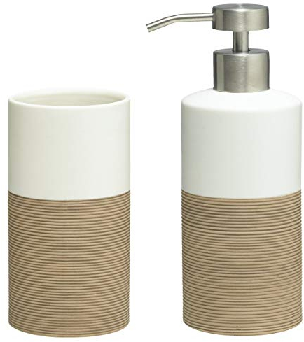 Sealskin Becher Doppio, Zahnputzbecher aus natürlichem Porzellan, Farbe: Sand, handbemalt + Seifenspender Doppio, Porzellan, Farbe: Sand, handbemalt