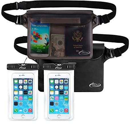 AiRunTech Waterproof Dry Bag and Waterproof Cell Phone Bag for Outdoor Water Sports, Boating, Hiking,Kayaking,Fishing (2 * Phone case(Clear) + 2 * Fanny Pack(Black+Gray))