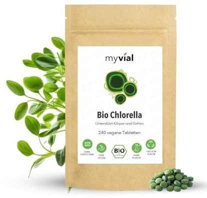 Bio Chlorella Tabletten hochdosiert 240 Stück 500mg Vegan, ohne Zusätze, plastikfrei verpackt, Algen Presslinge aus Mikroalge, Chlorella Vulgaris Zellwand aufgebrochen