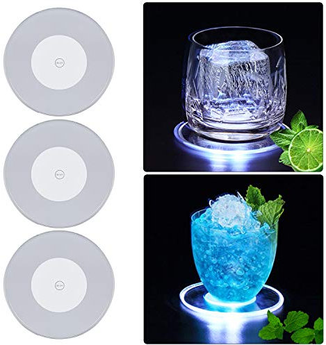 TYXSHIYE Lot de 3 Dessous de Verre LED Blanc Froid pour Boissons, sous Verre jetable LED étanche pour Bouteilles, Dessous de Verre Rond en Acrylique pour fêtes, Mariages, Bars, Noël