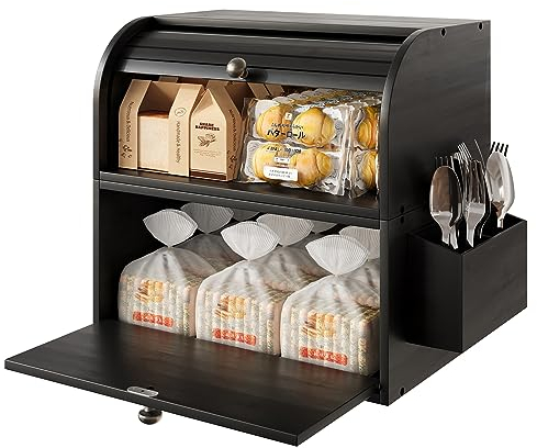 TQVAI Panera de Madera de 2 Capas Para Encimera de Cocina, Contenedor de Almacenamiento de Pan con Tapa Enrollable Con Cesta de Cubiertos, Panera Multifuncional, 37,98 x 24,9 x 36,06 CM, Negro