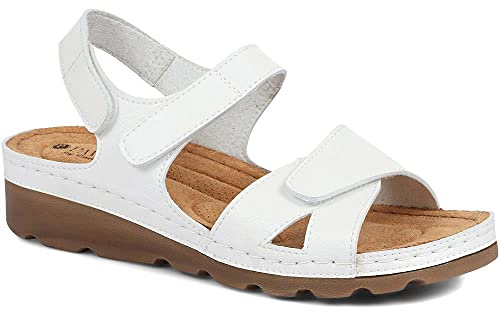 Pavers Women's Sandals in White with Adjustable Soft Straps - Memory Foam Suede Footbed - Comfortable Fit Lightweight Footwear - Size UK 5 / EU 38