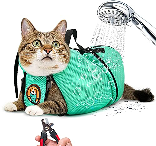 AWOOF Grooming Bag - Adjustable Bathing Bag, Anti Scratch Bite Polyester Soft Durable Mesh Shower Bag for Small Medium Large Cats