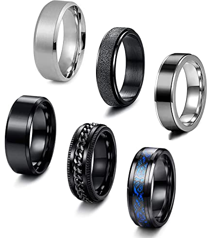 Cloyo 6PCS Edelstahl Ringe Herren Schwarz Keltischer Drachenring Vintage Ringe für Männer Silber Verlobungsring Matt Ring Kette Spinner Angst Ring Größe 54