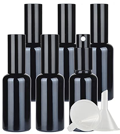 ZEOABSY Pack of 6, 50ml Glossy Black Glass Perfume Spray Bottles with Sprayer, 50 ml Refillable Empty Fine Mist Travel Atomiser Sprayers, Ideal for Makeup Care Household Cleaning + 1 x Funnel
