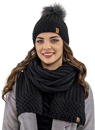 VIVISENCE Trendiger Damen Winter Set Aus Bommelmütze Mit Schal Aus Wärmendem Garn Mit Vlies-Innenfutter Antistatische Perfekte Passform Für Kalte Wintertage Modisches Design, Schwarz,Einheitsgröße