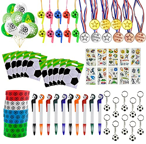 Locisne 80er Fußball Party Dekorationen: 80 Stück Fußball Ballons, Schlüsselanhänger, Silikon Armbänder, Trillerpfeifen, Medaillen, Tattoo Aufkleber, Stifte, Party Geschenk Taschen