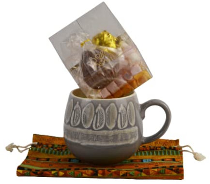 Bossa Nova Luxury Chocolate Bomb Gift Set Bundle, Hot Chocolate with Marshmallows, gift-wrapped in a textile bag with Mason Cash Impressions stoneware cosy mug