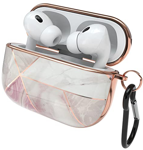 EAZY CASE - Schutzhülle für AirPods Pro 2 Hülle Pink Hard Case Stoßfest mit Karabiner geeignet als Schlüsselanhänger Antikratz Etui rutschfest Hardcase für Airpod Pro 2. Generation Rosé Marmor Design