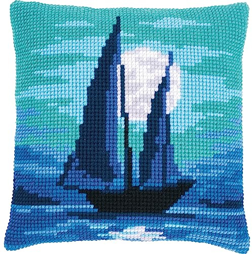 Vervaco Kreuzstich Stickpackungen Kissen Stickerei Set Anfänger Vorgedruckt Segelboot im Mondlicht DIY Set Kreativ Set Für Erwachseneca. 40 x 40 cm Bastelset Handwerker Haus Dekoration