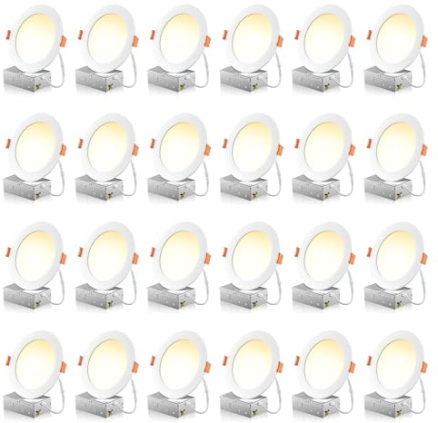 FREELICHT 24 Pack 6 Inch 5CCT Ultra-Thin LED Recessed Ceiling Light with Junction Box, 2700K/3000K/3500K/4000K/5000K Selectable, 1050LM Brightness, Dimmable Canless Wafer Downlight, 12WEqv110W-ETL&FCC