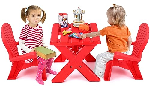COSTWAY 3 TLG. Kindersitzgruppe, Kindertisch mit 2 Adirondack-Stühlen, Kindertischgruppe aus Kunststoff, Kindermöbel Kinder Tischset, für Kindergarten Kinderzimmer Garten Rasen (Rot)