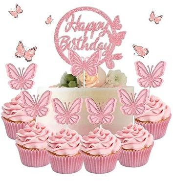 11 Stück Schmetterlinge Deko Torte,Schmetterlinge Tortendeko Kuchendeko Geburtstag Cake Topper Glitter Happy Birthday Kuchendeckel Schmetterling Deko Geburtstag für Cupcake Kuchen Dessert