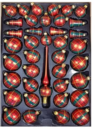 Christbaumschmuck 40-TLG.Set Karo, rot, grün, Gold schottisch bemalt, mundgeblasen, Exclusiv