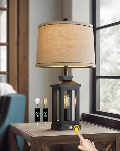 G-SAFAVA 23.75 Retro Farmhouse Black Table Lamp for Living Room Bedroom Nightstand Single Pack Touch Control Bedside Nightlight Vintage Modern Lamp with USB C+A Ports and 2 Light Sources