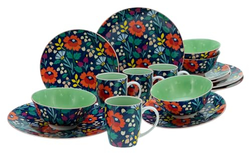 CreaTable, 17406, Serie Folklore Blau, 16-teiliges Geschirrset, Kombiservice aus Steinzeug, spülmaschinen- und mikrowellengeeignet, Qualitätsproduktion