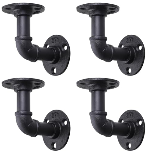4 Pack Industrial Pipe Shelf Brackets, Black Floating Pipe Brackets with Screws, Heavy Duty Wall Mounted Pipe Shelves for Home Scaffold Board - 10×10cm
