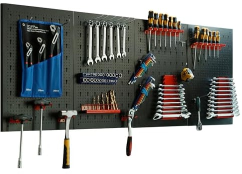 CCLIFE Werkzeugwand Lochwand 4 tlg Inkl. 52-Teiligem Metall Werkzeuglochwand Vier Teile 160 x 60 x 2 cm Erweiterbar Zubehör Wandregal Werkzeugaufbewahrung Schwarz