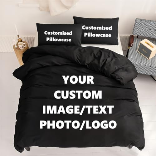 Xisnuient Bettwäsche Set Mit 6 Foto Personalisiert Bettwäsche Personalisierte Dreiteiliges Set Mit Foto Text Bettbezug + Zwei Kissenbezügen Individuell Bettwäsche Selbst Gestalten (135x200cm)