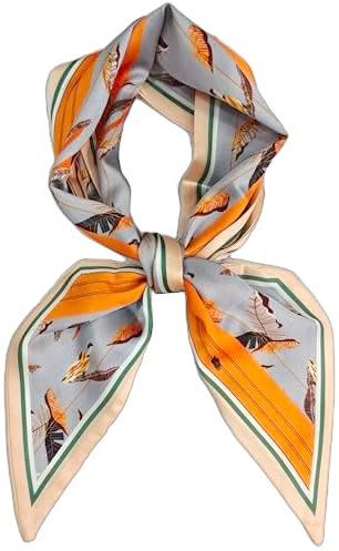 GIMIRO Satin Seidenschal 148 x 13,5 cm Krawatte Double Layer Bund für Blazer, Mantel, Kleid (20# Orange/Pale Blue Leaf)