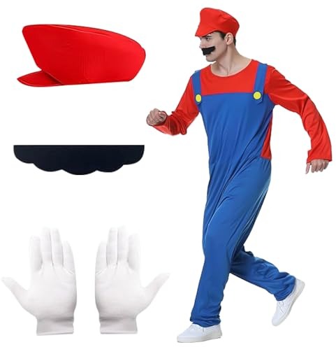 Disfraz Mario y Luigi Bros Adulto - Set de Accesorios Classic Con Guantes, Bigote y Gorra - Cosplay para Halloween y Carnaval (M1)