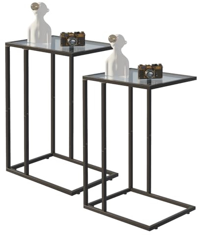 Huhote C Shaped End Table Set, Glass Side Table for Couch & Sofa, Black
