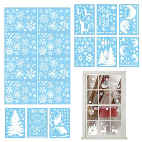 Weihnachtsdeko Fenster, Fensterbilder Aufkleber Ölgemälde Lebkuchenhaus Schneeflocken Fensterbild, Snowflake Window Clings for Glass Windows, Double Sided Winter Snowflake Stickers, Static Snowflake