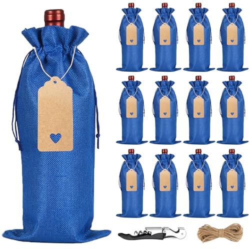 WOUMON Sacchetti di Vino, 12 Pezzi Sacchetti Regalo in Iuta con Coulisse, Borse Riutilizzabili per Feste,Compleanni,Matrimoni, Natale (Blu)