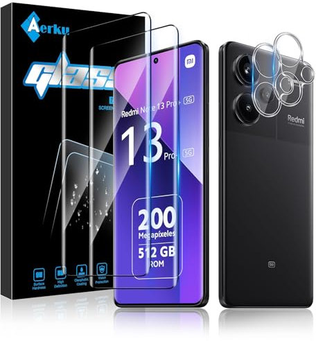 Aerku 2 Piezas 3D Cobertura total Protector de Pantalla para Xiaomi Redmi Note 13 Pro Plus 5G/Redmi Note 13 Pro+ 5G con 2 Piezas Protector de Lente de Cámara, 9H Ultra Resistente Cristal Templado