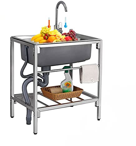 Évier de cuisine commercial en acier inoxydable, avec robinet et support, rond, facile à nettoyer pour bar, camping, extérieur, jardin, buanderie, garage, 71 x 47 x 75 cm