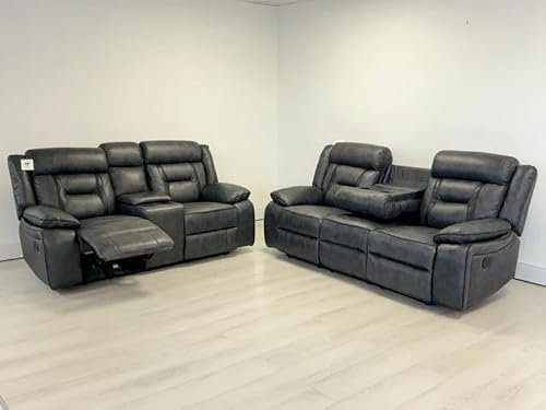 Nova Electric Recliner 3+2 seater Sofa Set With Cupholders - USB Charging Ports - Elephant Grey - 3 and 2 seater - Leather Sofa (3+2 Seater)