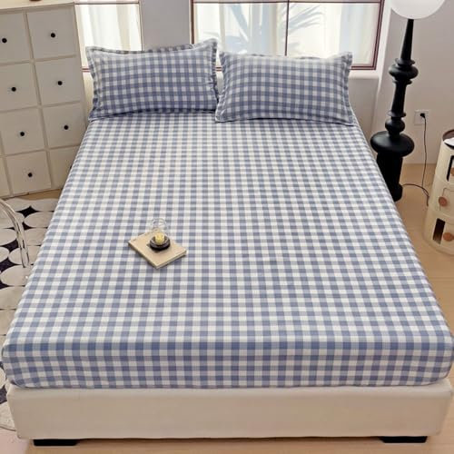 Surwin Spannbettlaken Gestreiftes Plaid Spannbetttücher Elastisch Bettlaken, 25 cm Steghöhe, Weiche Spannbetttuch Mikrofaser Spannleintuch mit 2 Kissenbezug (90x200x25cm,Blau kariert)