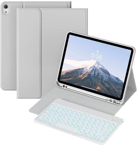 KVTVOU Étui avec clavier pour iPad Air 11 2025/2024(M3/M2) et iPad Air 5e/4e génération 10,9 2022/2020, clavier sans fil rechargeable, éclairage 7 couleurs, disposition QWERTZ, gris