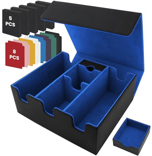 Caja Cartas Magic para 2200+ Cards,Caja para Cartas Mtg Commander,Card Deck Box Caja de Cuero MTG con 8 Divisores de Cartas Compatibles y 1 Bandeja para Dados,para TCG Magic,Cartas de Deporte(Azul)