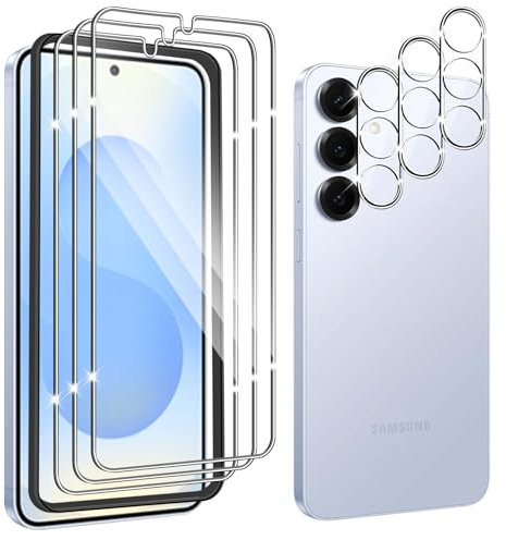 Hengnewro 3 Pièces Verre Trempé pour Samsung Galaxy S25 5G avec 3 Pièces Caméra Arrière Protection Accessoire, 9H Dureté, Sans Bulles Protection écran，Avec Outil D'alignement Facile