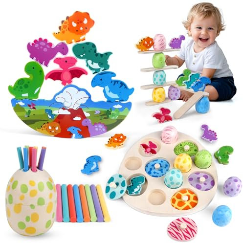 Rincalivestra Montessori Spielzeug ab 2 3 Jahre, 4 in1 Dinosaurier-Stapelspielzeug aus Holzspielzeug ab 2-5 Jahr, Kinder Holzpuzzle Motorikspielzeug Lernspiele,Geschenk 1-3 Mädchen Jungen