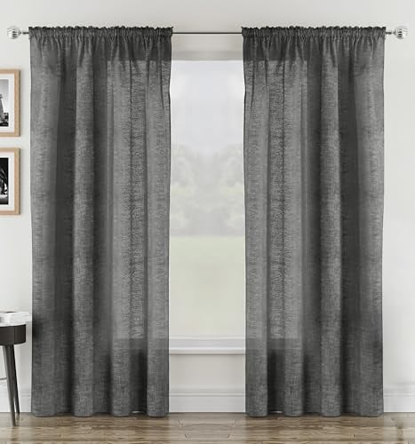 Pair of Rhodes Charcoal Grey Luxury Voile Sheer Curtains – Light Filtering, Linen Look Voile Curtain x 2 Panels - Slot Top Rod Pocket Net Curtains for Bedroom - 55 (140cm) x 90 (229cm)