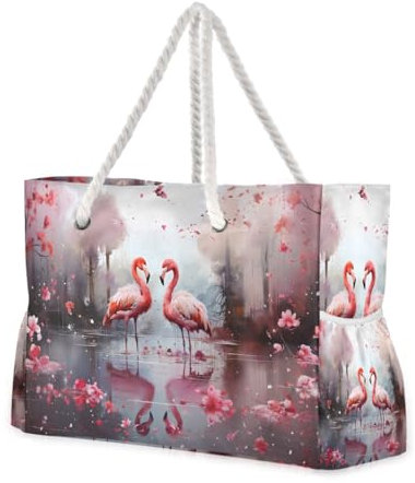 Mnsruu Grand sac fourre-tout de plage pour femme avec flamant rose et fleur de cerisier, Multicolore 61, Taille unique